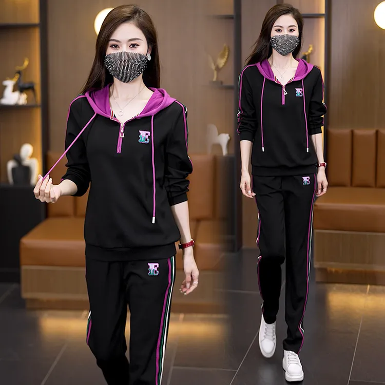 休闲运动套装女2024秋季新款时尚韩版大码女装连帽宽松显瘦两件套