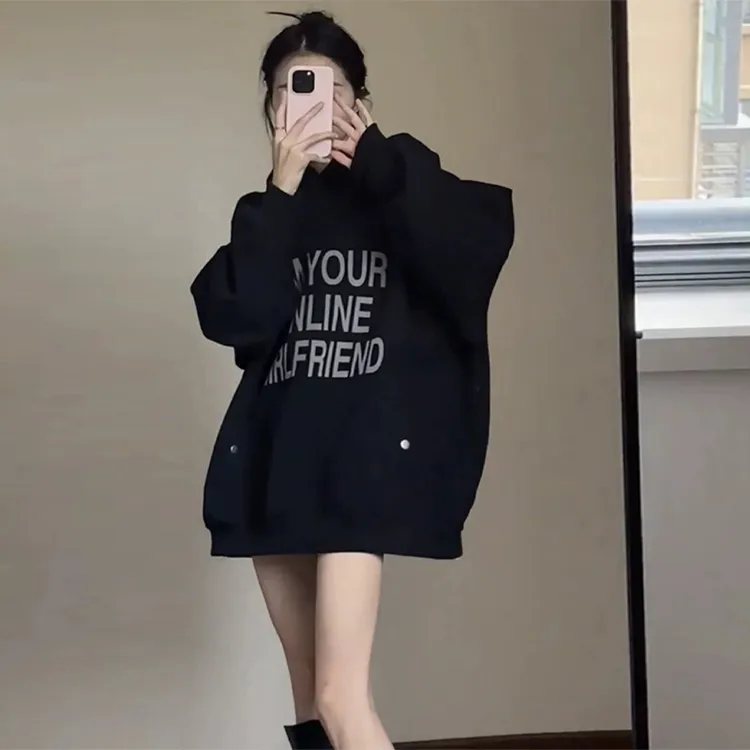 美式高街复古oversize加绒卫衣女秋冬新款潮牌设计感字母连帽上衣