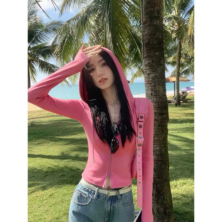 玫粉抽绳连帽上衣女2025新款双头拉链设计感收腰显瘦短款小卫衣潮