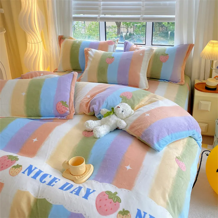 小清新牛奶绒四件套加绒加厚珊瑚绒双面绒被套单人学生宿舍三件套