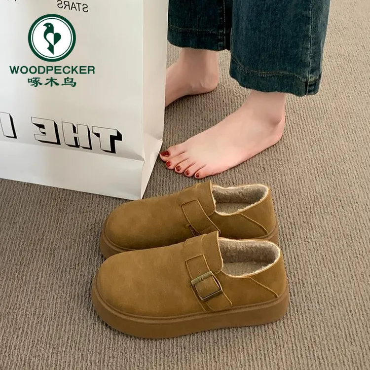 啄木鸟厚底勃肯女鞋2025新款冬季一脚蹬加绒保暖毛毛鞋博肯雪地靴