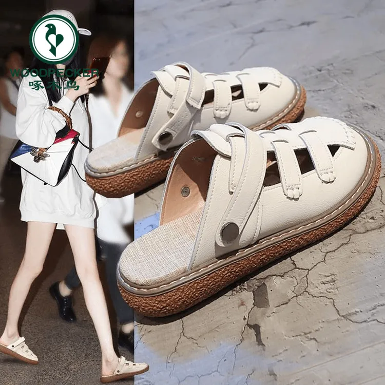 啄木鸟包头凉鞋女款2024年新款夏季外穿两穿厚底半拖鞋沙滩罗马鞋