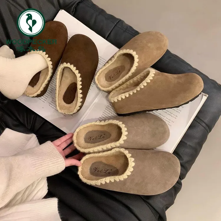 啄木鸟小个子内增高勃肯鞋女加绒秋冬季新款复古厚底包头半拖鞋子