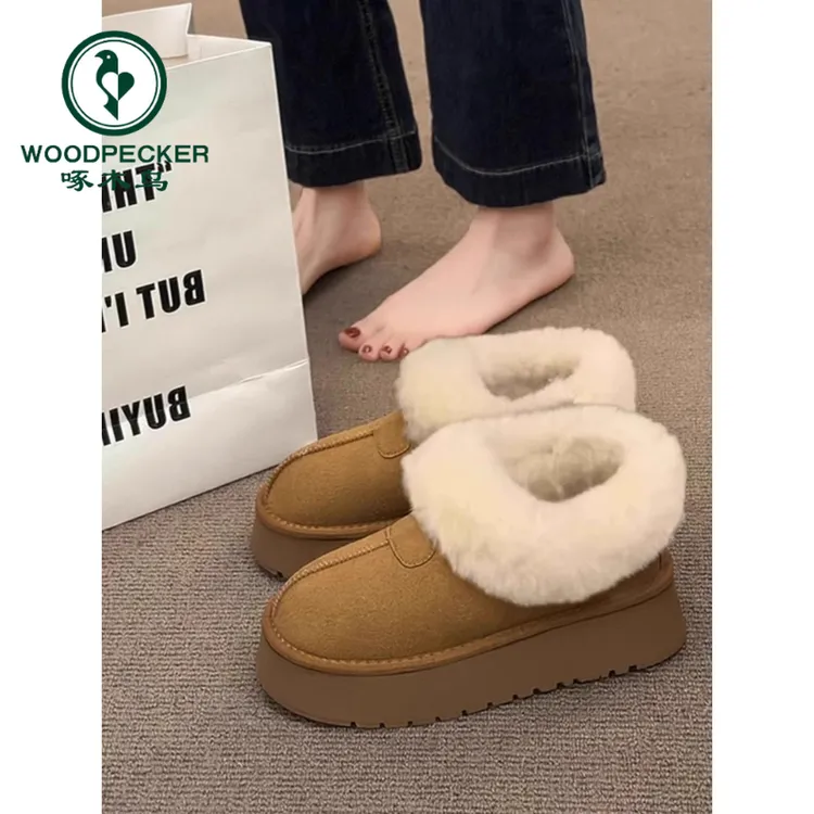 啄木鸟厚底雪地靴女2025冬季加绒加厚东北大棉鞋一脚蹬面包毛毛鞋