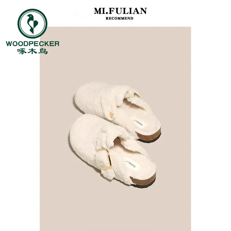 啄木鸟勃肯毛毛拖女2025秋新款外穿法式百搭包头拖鞋网红爆款棉拖