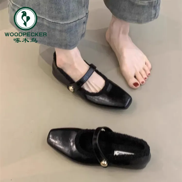 啄木鸟小香风玛丽珍单鞋加绒保暖毛毛芭蕾舞黑色软底奶奶鞋棉瓢鞋