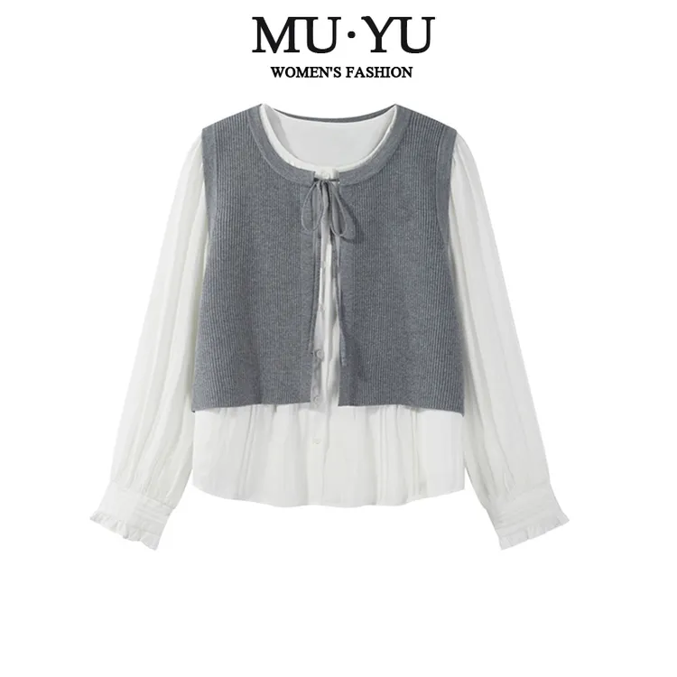 甜美设计感假两件拼接长袖衬衫2025秋季新款洋气时尚显瘦百搭小衫