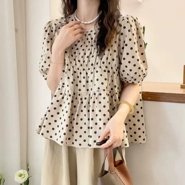 泡泡袖波点衬衫女2025夏季大码褶皱衬衣宽松显瘦遮肚娃娃衫上衣