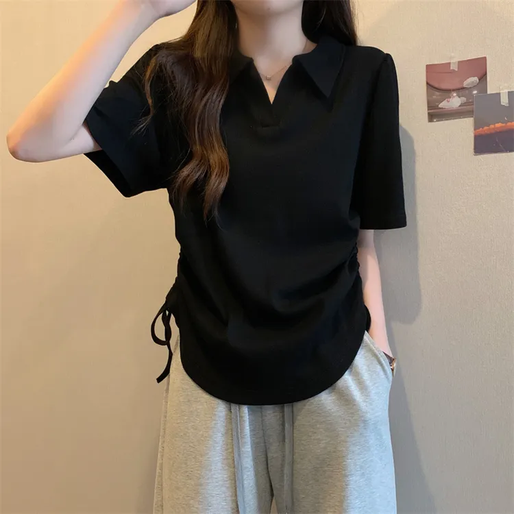 棉大码不规则Polo领短袖t恤女2024夏季新款胖mm显瘦抽绳正肩上衣