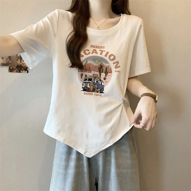 棉大码胖MM新款正肩不规则印花短袖T恤女装显瘦开叉小众上衣ins夏