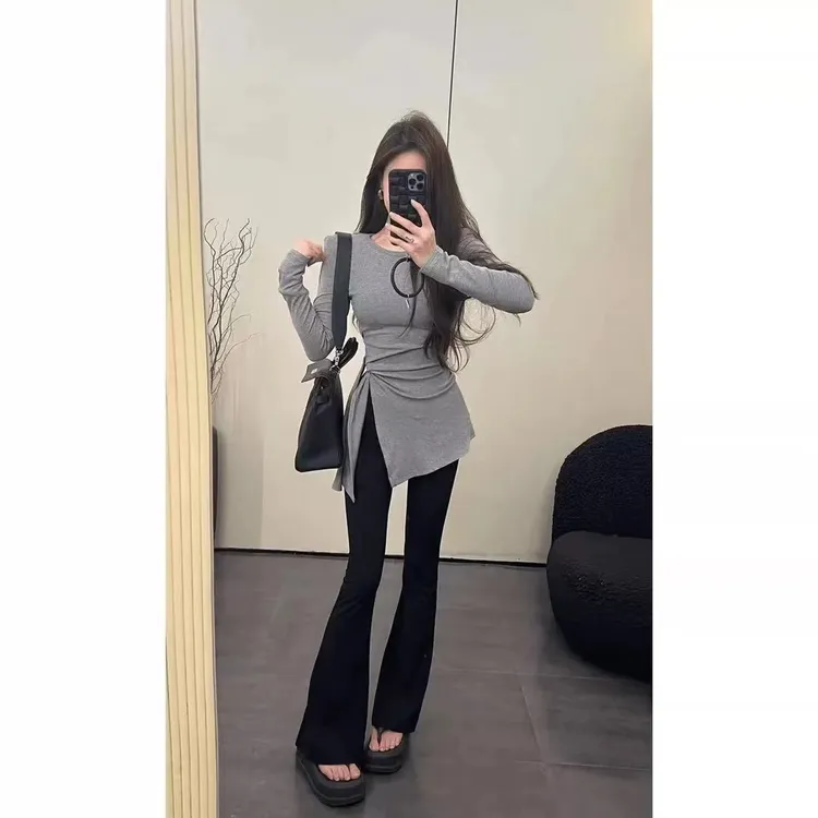 纯欲风开叉不规则正肩长袖t恤女秋季新款辣妹显瘦绑带法式上衣ins