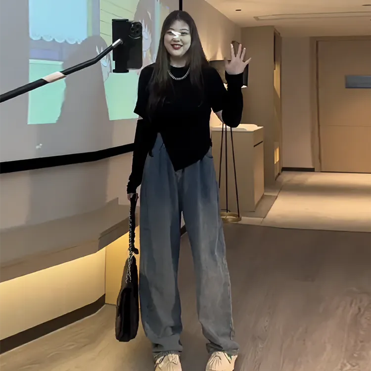 棉大码女装微胖MM正肩不规则破洞长袖T恤秋季新款开叉修身上衣ins