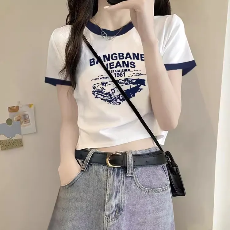 正肩t恤女拼接热辣港风短袖夏季短款高腰时尚纯棉简约撞色上衣潮