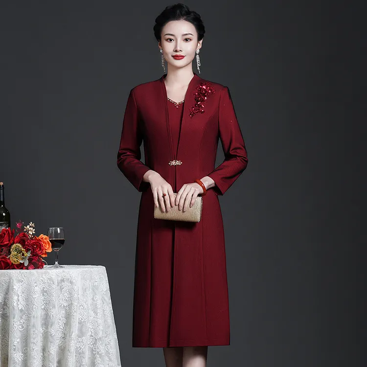 新款喜婚宴喜妈妈喜婆婆气质礼服两件套套装秋冬款加绒加厚0699