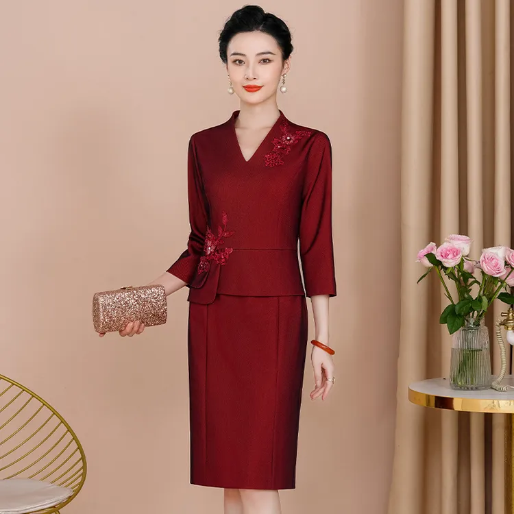 喜婆婆喜妈妈新款显瘦假两件气质优雅秋季中老妈妈礼服裙6306