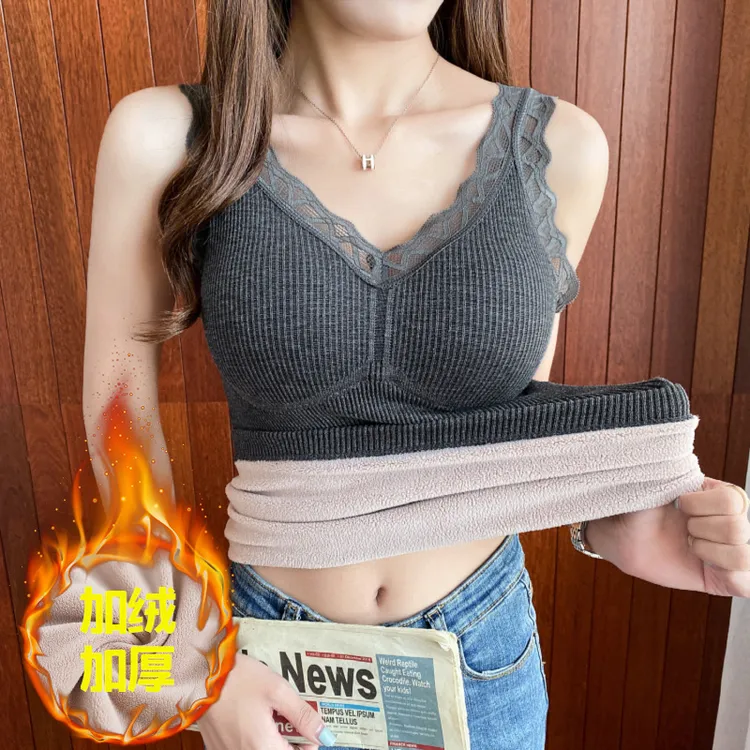 保暖加绒加厚冬季吊带背心女蕾丝拼接带胸垫内搭修身上衣打底衫