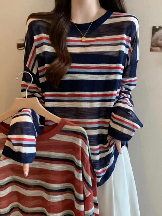 夏新款条纹长袖宽松显瘦薄款时尚气质百搭减龄休闲针织防晒上衣女