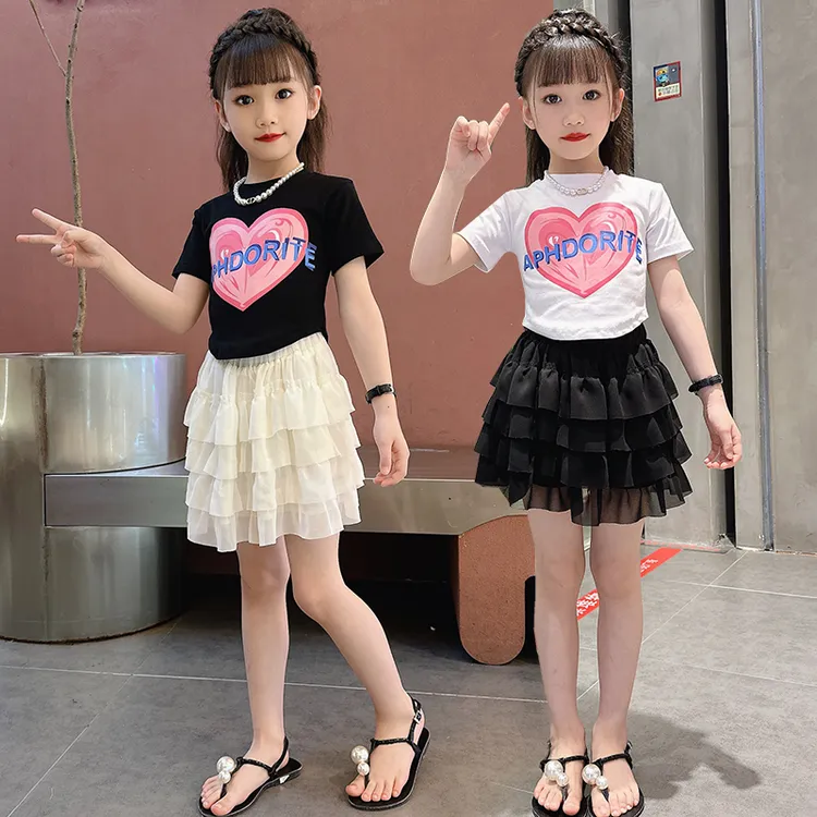 女童夏季爱心短袖蛋糕裙套装2025夏季新款网红时髦大童纱裙两件套