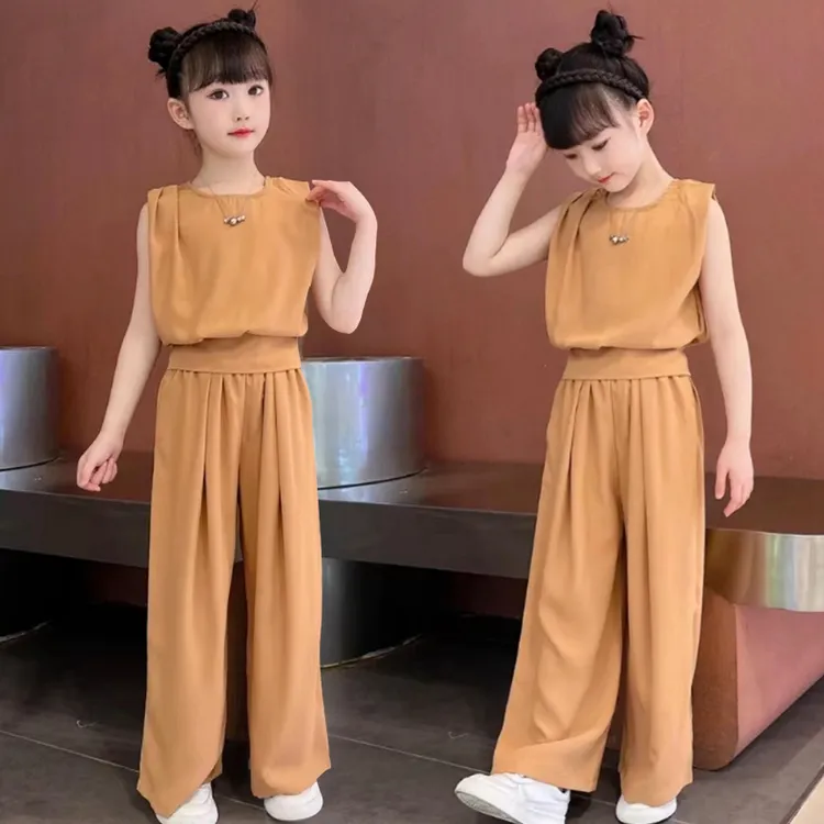 女童夏装阔腿裤套装2025新款儿童洋气女孩夏季轻薄雪纺潮流两件套