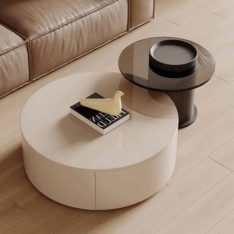 现代亮光岩板茶几桌家用小户型简约轻奢圆形玻璃储物子母茶几组合