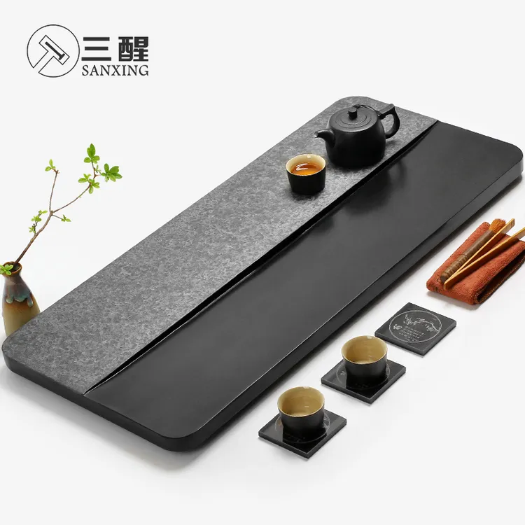 三醒天然乌金石整块茶盘家用办公简约大气干湿分离临江碧圆角