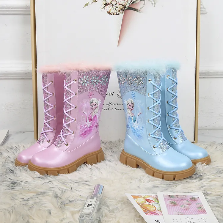 爱莎公主鞋女童雪地靴长靴子高筒靴秋冬百搭靴儿童长靴加绒中大童