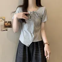 大码抽绳V领短袖T恤女设计感小众夏季不规则上衣百搭显瘦