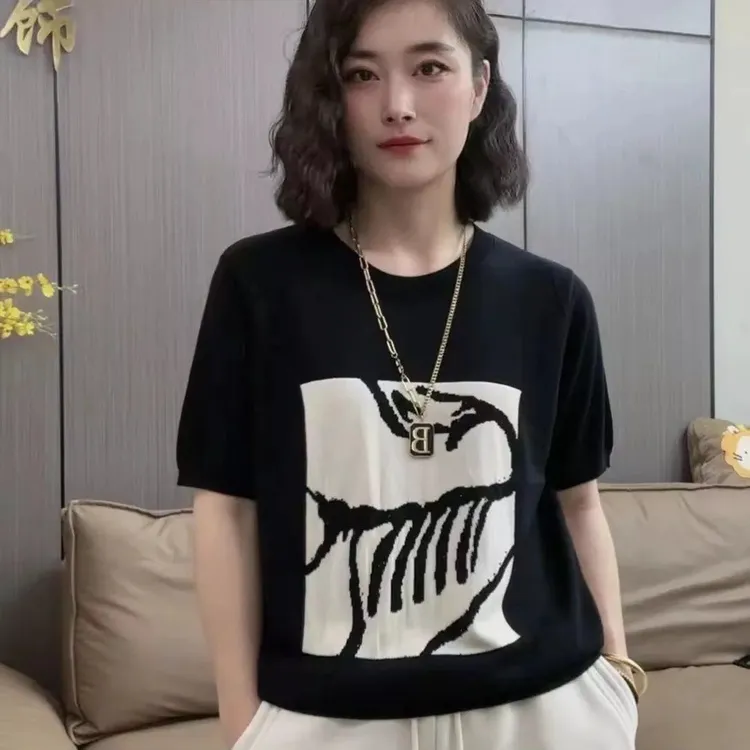 女装大码时尚洋气韩版显瘦气质上衣宽松针织衫百搭毛衣短袖夏装