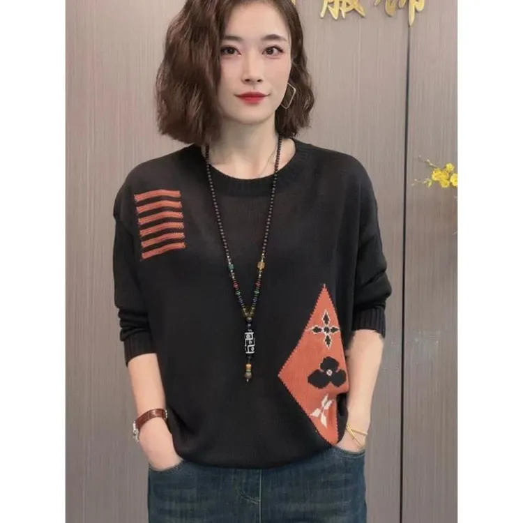 宽松显瘦新款提花时尚圆领洋气毛衣秋冬长袖妈妈针织衫打底上衣