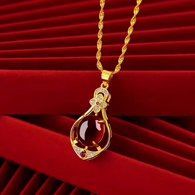 钛钢项链 气质妈妈时尚百搭女士红色绿色镶嵌精美女款精致坠链商品图