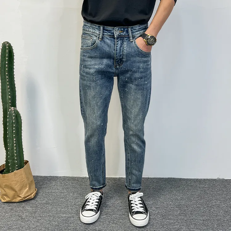 烫钻潮牌牛仔裤男2025春夏韩版修身小脚蓝色裤子水洗百搭品质九分