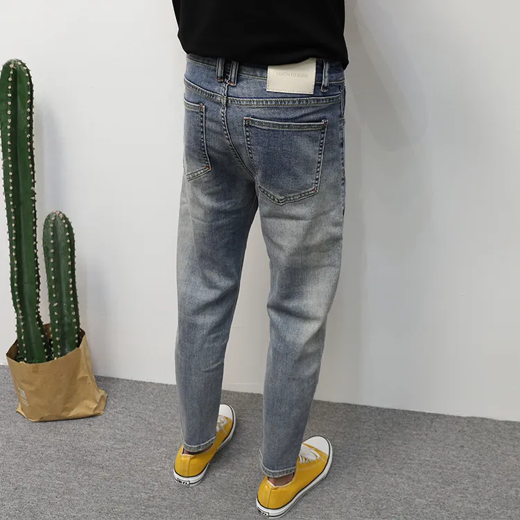 2025春夏牛仔裤男九分浅蓝韩版百搭流行弹性修身小脚薄款潮流裤子
