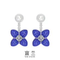 铜合金合成锆石耳饰 宜兰珠宝幸运花耳环蓝白冷珐琅耳饰原创礼物