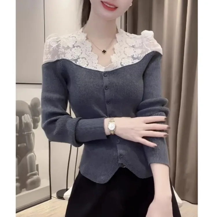 法式设计感蕾丝拼接长袖针织衫女秋冬修身显瘦内搭打底衫上衣0338