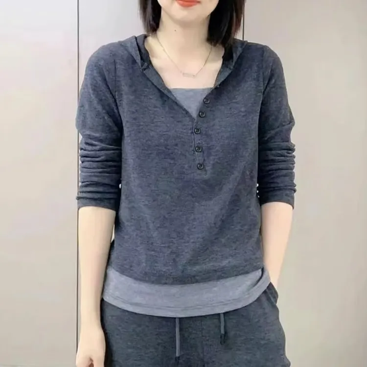 设计感长袖连帽假两件卫衣阔腿裤休闲套装女时尚慵懒风百搭两件套