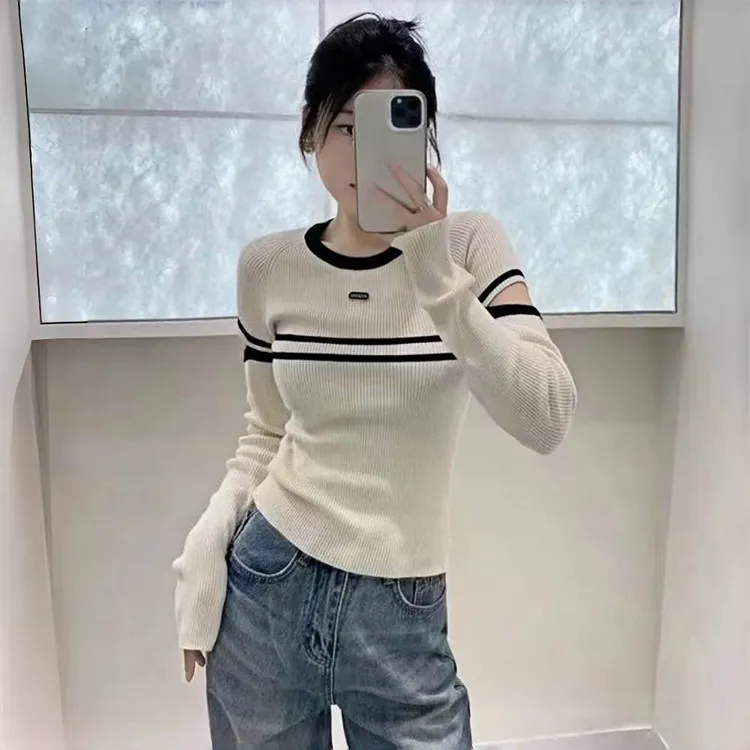 早秋季条纹撞色设计感长袖针织衫女2025韩系修身显瘦百搭上衣0168