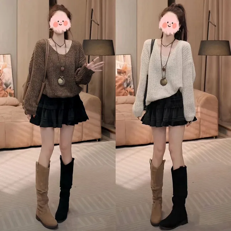 韩系高级感镂空长袖针织衫女秋冬新款慵懒风软糯宽松时尚显瘦毛衣