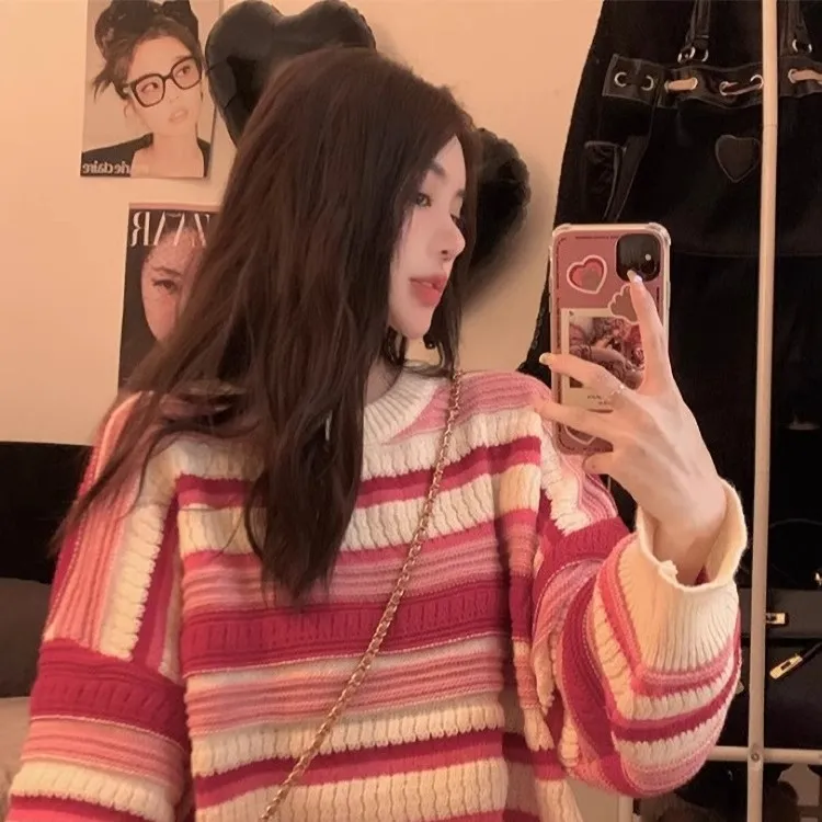 早秋休闲慵懒风长袖条纹毛衣复古宽松遮肉显瘦撞色ins针织衫上衣