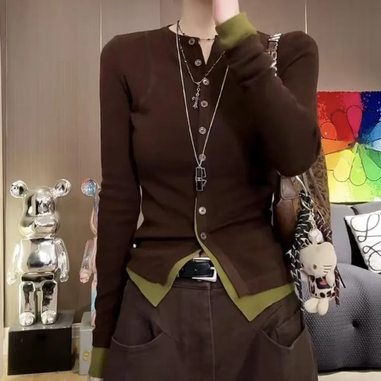 拼接撞色假两件长袖针织衫女秋季新款气质百搭修身显瘦打底衫上衣