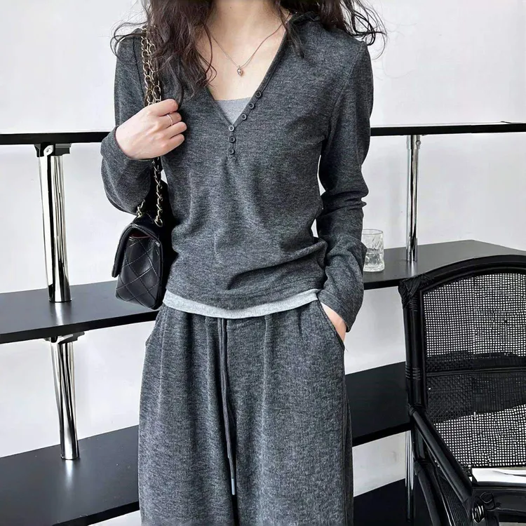 高级感灰色长袖连帽假两件卫衣阔腿裤运动套装春秋慵懒风时尚女款