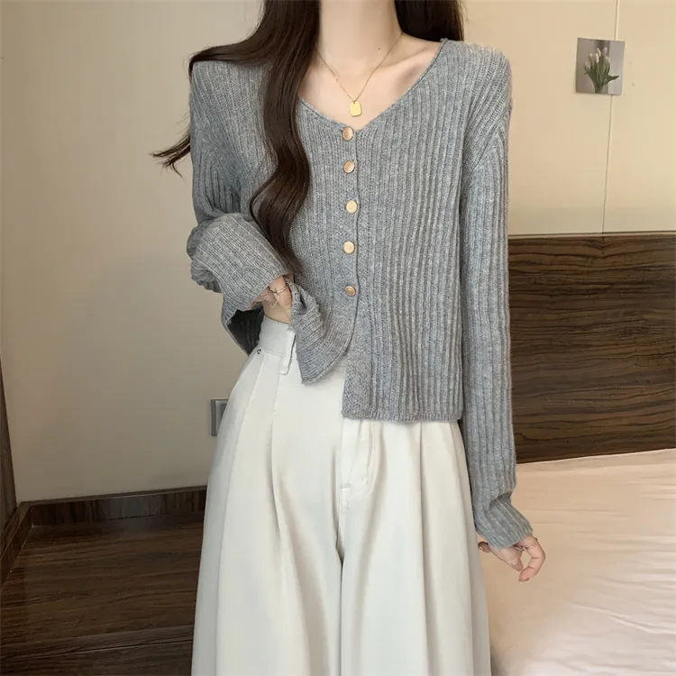 秋季新款高级感V领长袖针织开衫2025年早秋灰色时尚显瘦百搭上衣