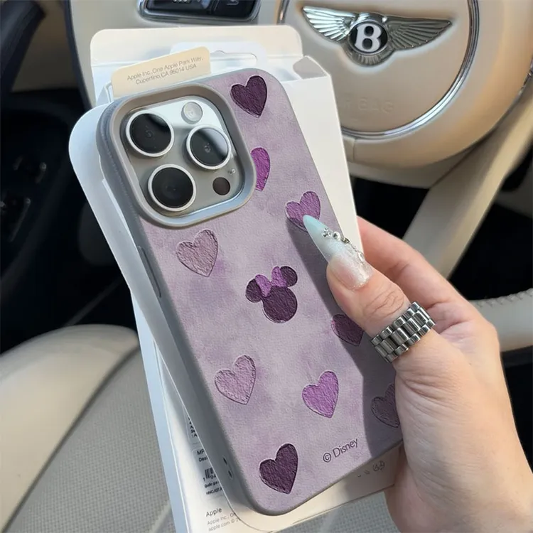 紫爱心米妮适用苹果16p/15手机壳iPhone14promax13荔枝纹12防摔11