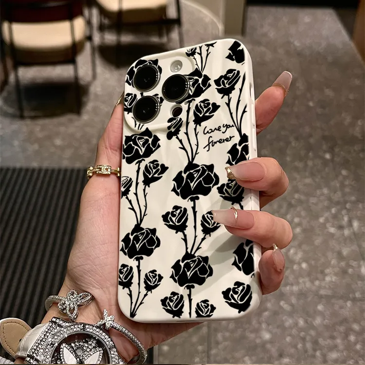 暗夜玫瑰适用iphone14苹果15手机壳13p褶皱11promax/12防摔8p/xr