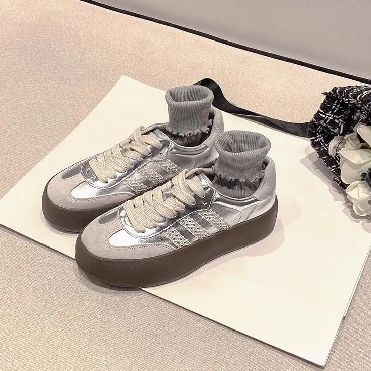 【葡萄妈同款】博主2.0版本~格雷系蕾丝边增高厚底休闲德训鞋女板鞋