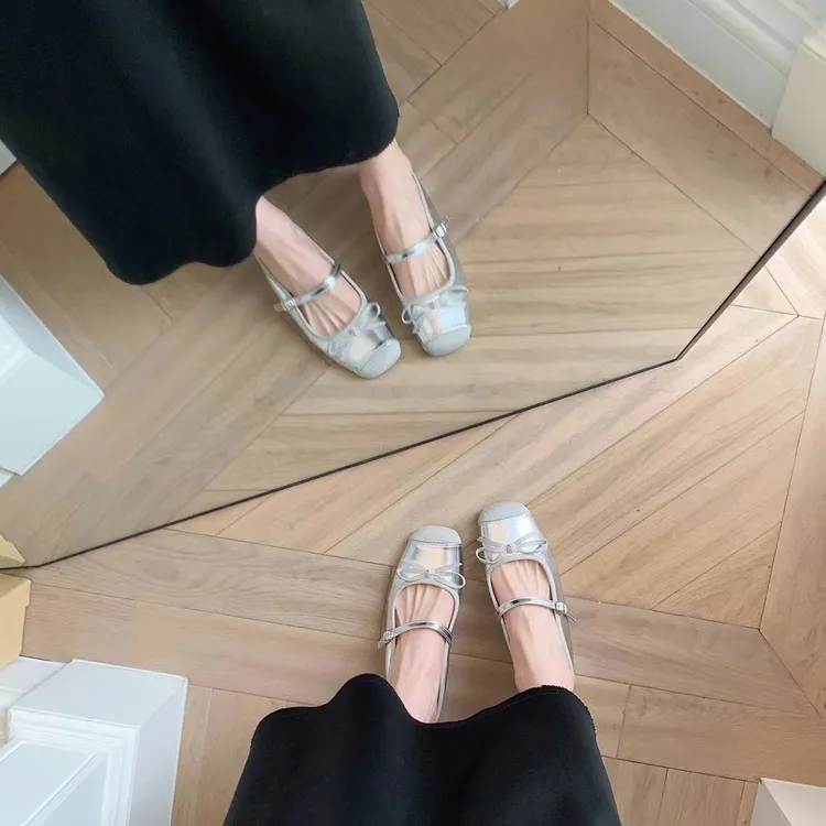 【葡萄妈同款】4cm内增高~蝴蝶结一字浅口芭蕾舞单鞋女包头半拖新款