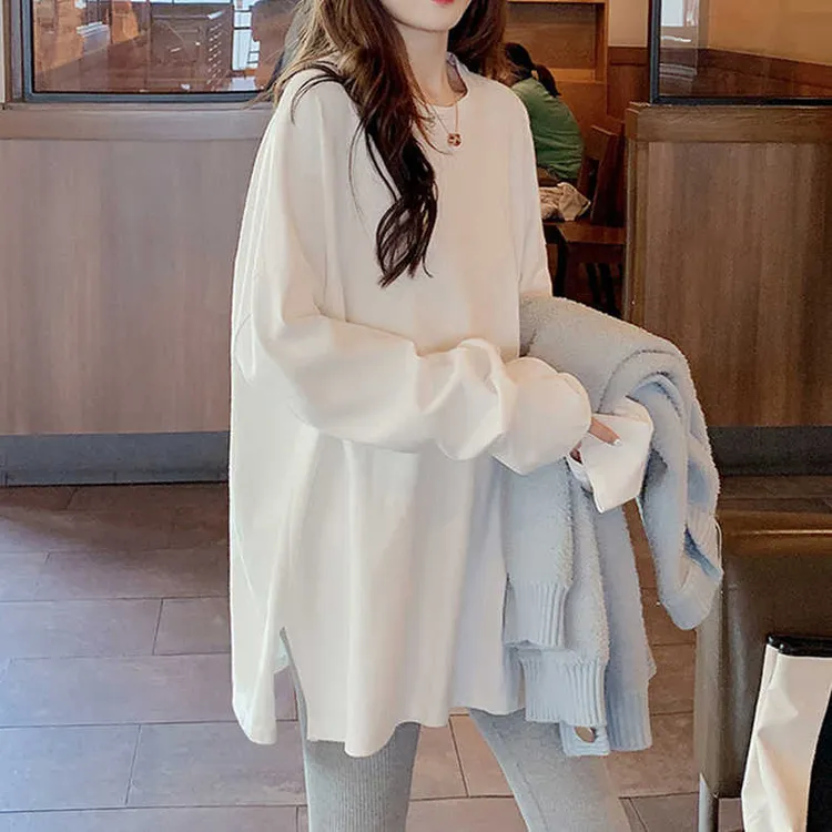 胖mm大码女装中长款开叉白色长袖T恤秋冬新款宽松内搭打底衫上衣