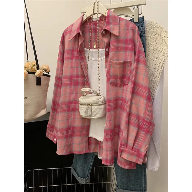 胖mm大码女装高级感粉红格子polo领防晒衬衫春夏新款外套衬衣上衣