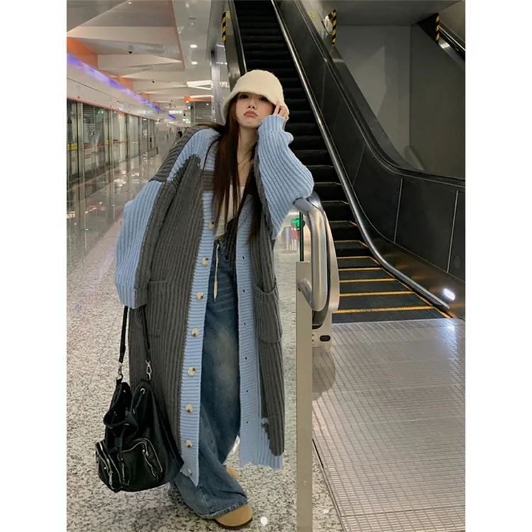 胖mm大码女装秋冬季新款长款过膝毛衣外套宽松慵懒风针织开衫风衣