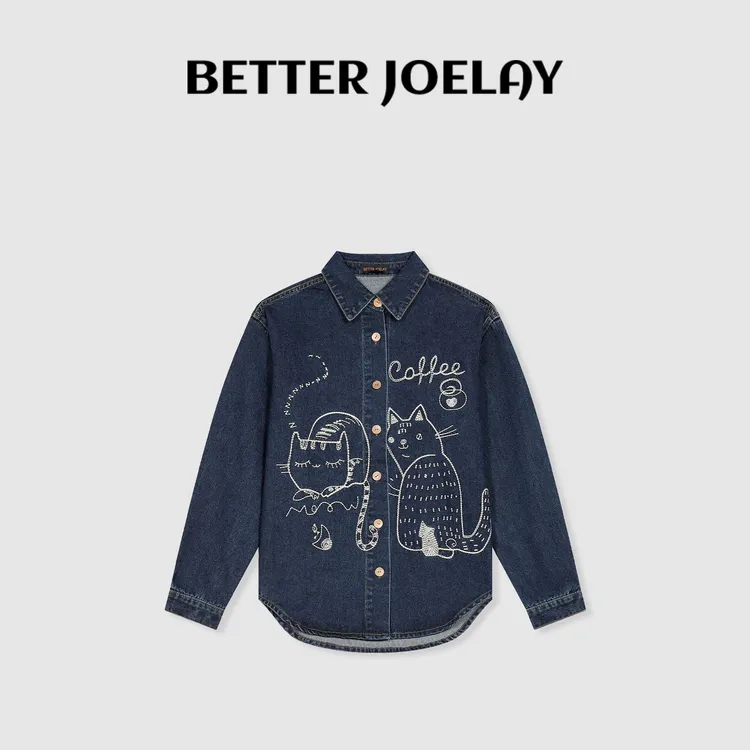 BETTER JOELAY -【困眠小猫】牛仔衬衫宽松春秋时尚潮流休闲JG9255