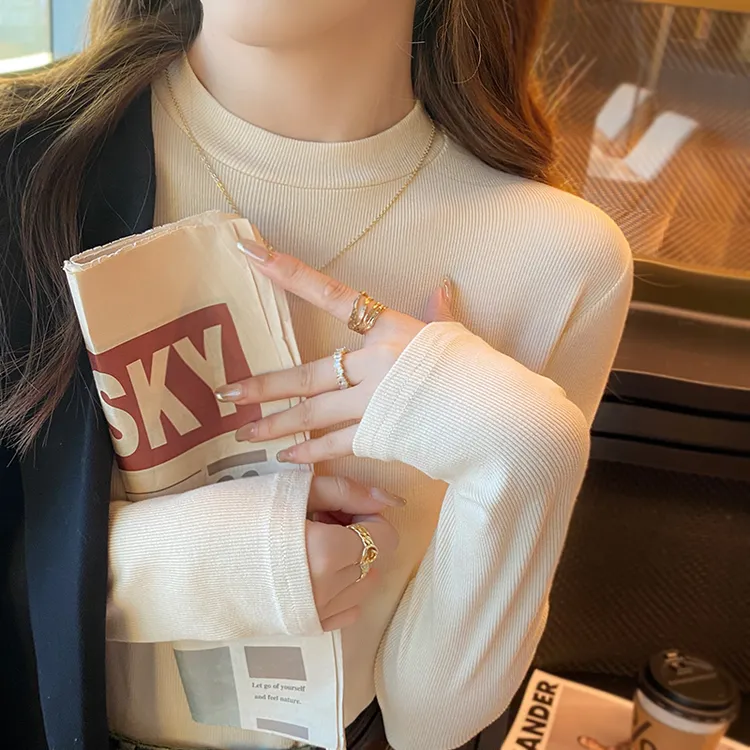 西装内搭长袖白色t恤半高领打底衫女秋冬修身小立领百搭气质上衣